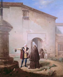 Os frades franciscanos do Convento de Santa Maria da Rábida dão pão e água a Cristóvão Colombo e seu filho Diego, 1858